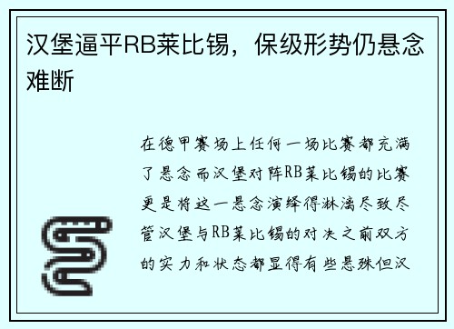 汉堡逼平RB莱比锡，保级形势仍悬念难断