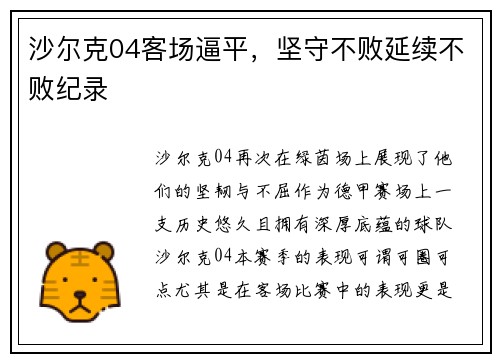 沙尔克04客场逼平，坚守不败延续不败纪录